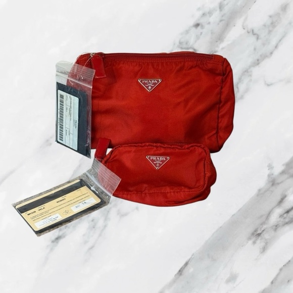 PRADA Necessaire Tessuto Vela Nylon Cosmetic Pouch Set in Rosso Red NWT COA - Picture 1 of 12